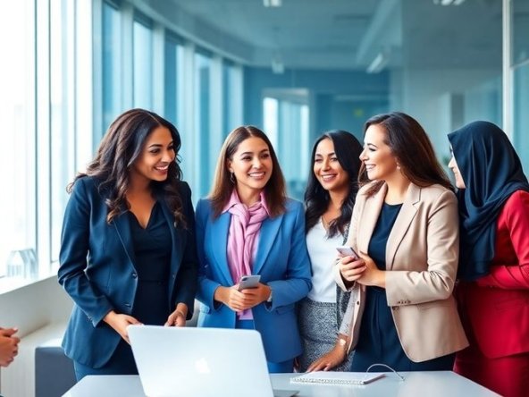 Diverse women collaborating in a modern business environment.