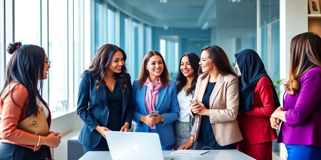 Diverse women collaborating in a modern business environment.