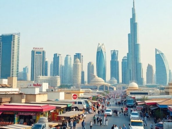 Dubai skyline with bustling markets and modern architecture.