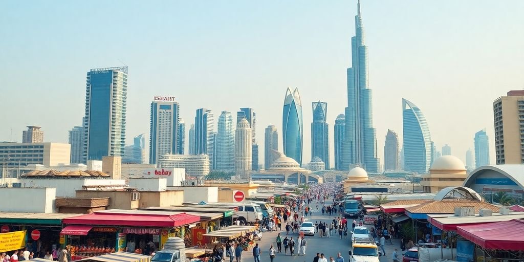 Dubai skyline with bustling markets and modern architecture.