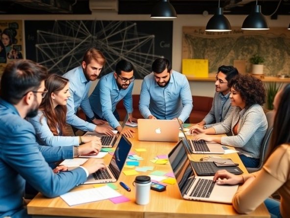 Diverse entrepreneurs collaborating in a bright, dynamic workspace.