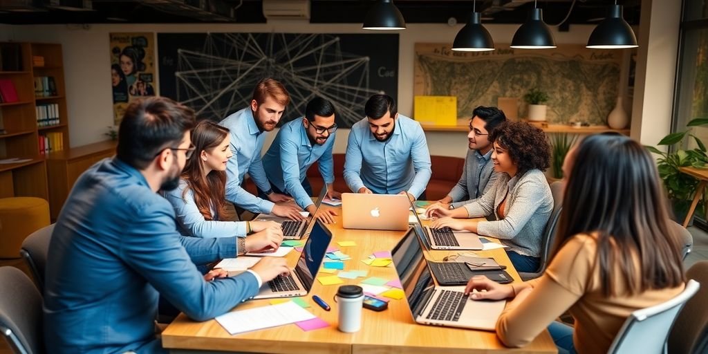 Diverse entrepreneurs collaborating in a bright, dynamic workspace.