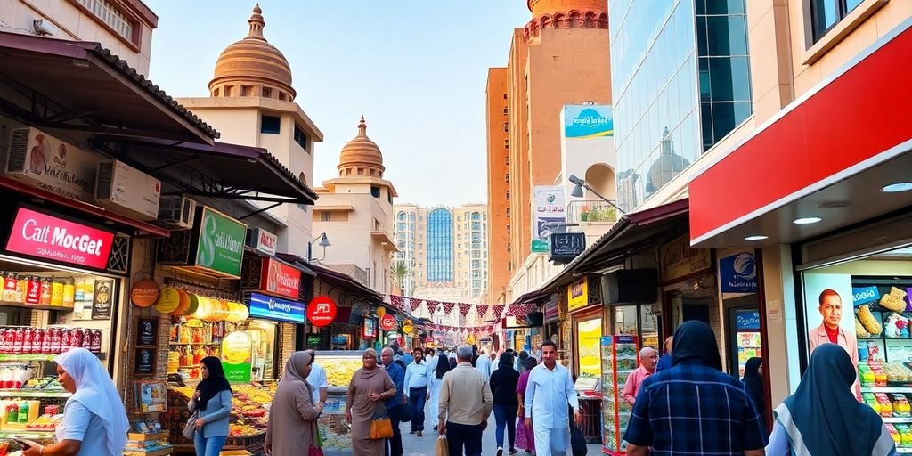 Colorful UAE marketplace with diverse businesses and architecture.