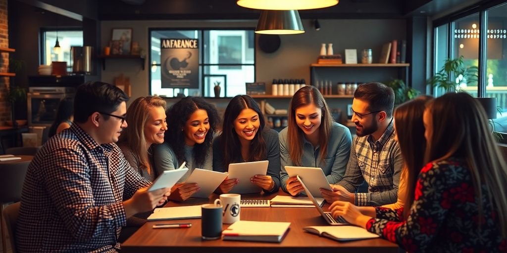 Diverse group of entrepreneurs discussing business ideas in cafe.