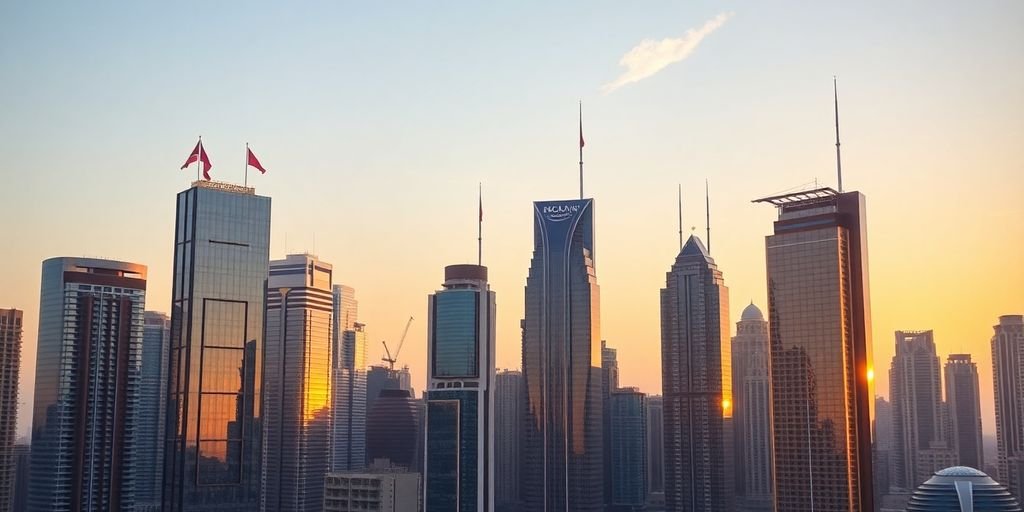 UAE skyline with global flags.