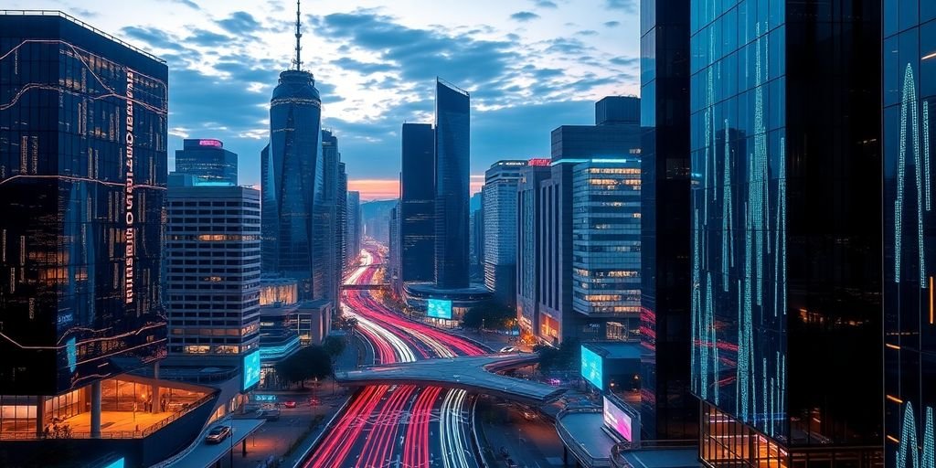 Futuristic city skyline with digital elements.