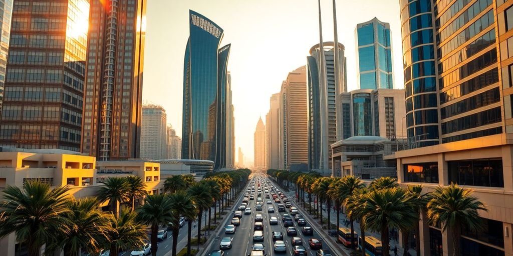 Modern skyscrapers against blue sky