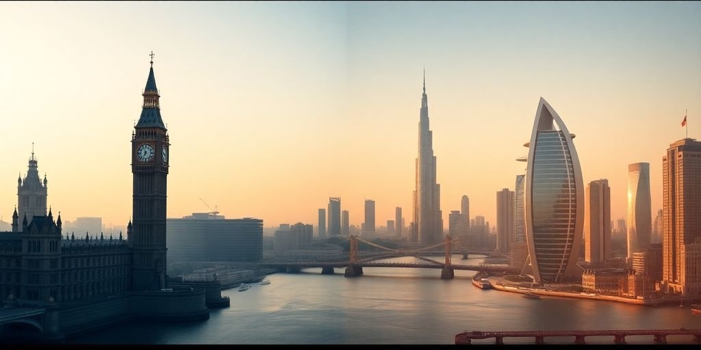 London skyline, Dubai skyline, connecting bridge