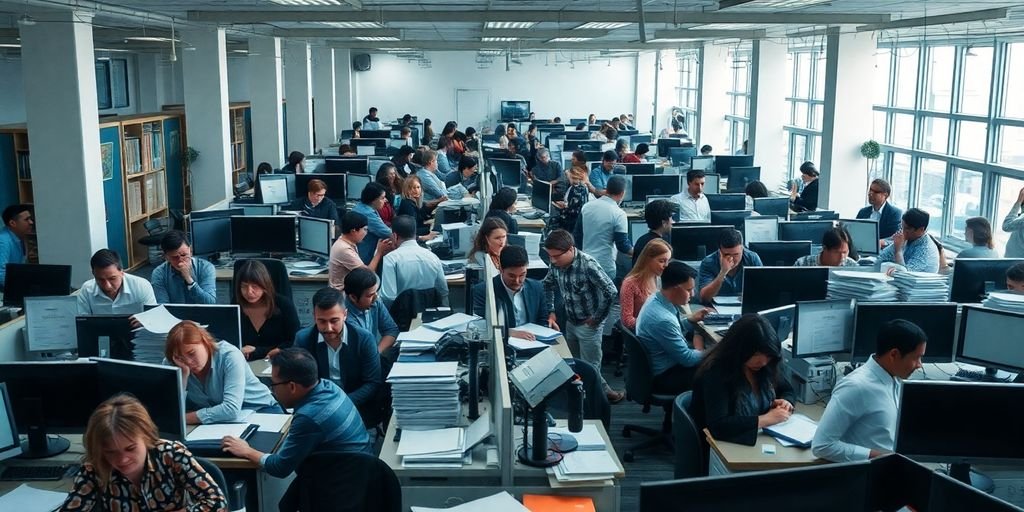 Crowded, noisy office with stressed workers.