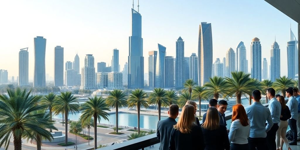 UAE cityscape with professionals networking in an office.