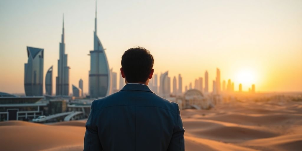 Skyscraper city with desert backdrop, business person.