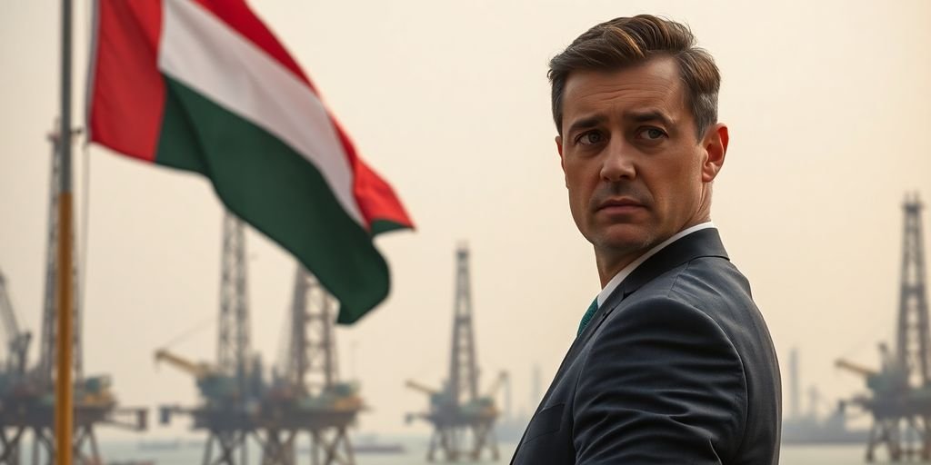 Businessman, UAE flag, oil rigs, slow growth.