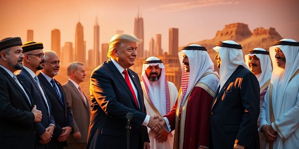 Trump, Middle East leaders, handshake, desert, buildings.