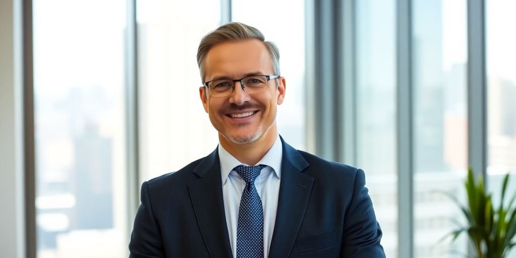 Man in suit smiling in office.