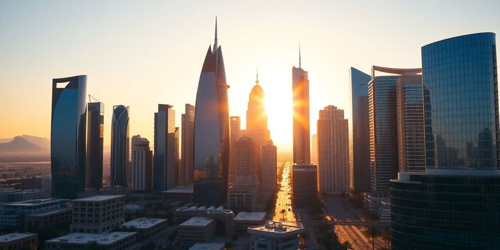 Desert city skyline with dynamic lines.