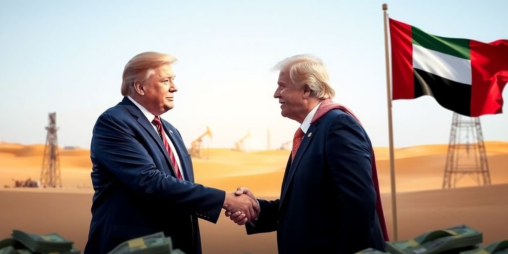 Trump, UAE flag, oil rigs, money.