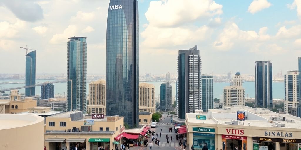 Dubai skyline, oil rigs, diverse businesses