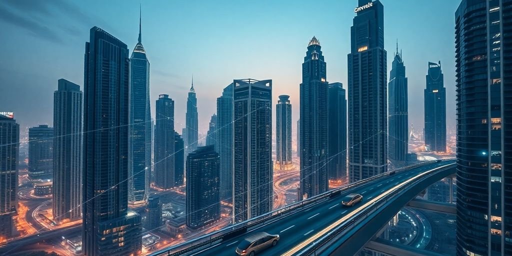 Futuristic skyline with integrated AI elements.