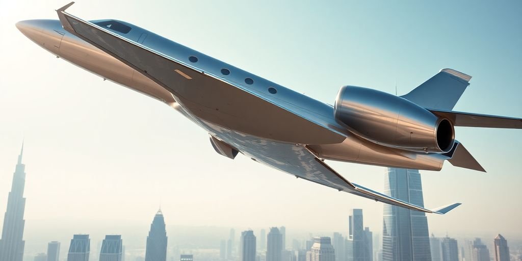 Sleek business jet flying over Dubai skyline.