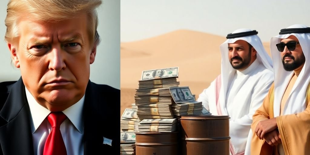 Trump, Middle Eastern leaders, money, oil, desert.