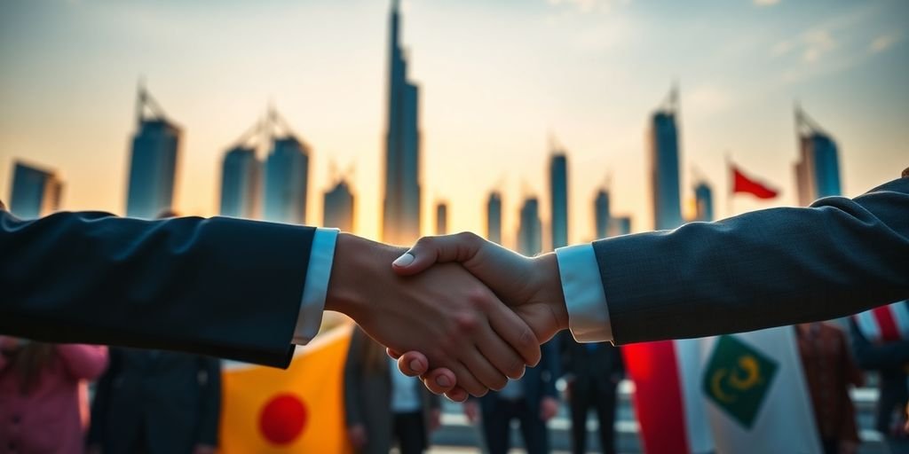 UAE skyline, global flags, diverse business people