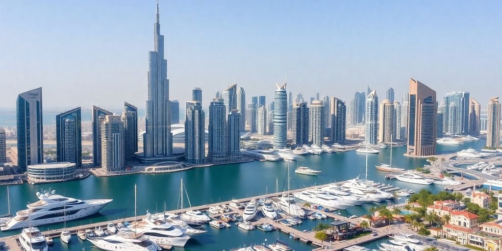 Dubai skyline with modern skyscrapers and luxury marina boats.