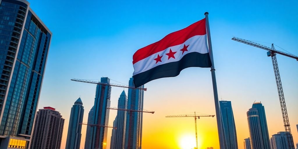 Dubai skyline, Syrian flag, reconstruction cranes.