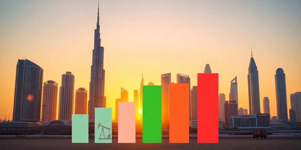 Dubai skyline, oil derricks, growth charts.
