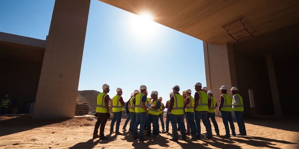Construction workers seeking shade from intense sun.