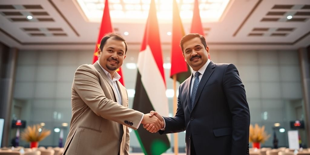 People shaking hands, flags in background.