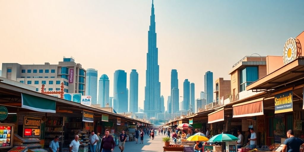 Dubai skyline with bustling marketplace and business opportunities.