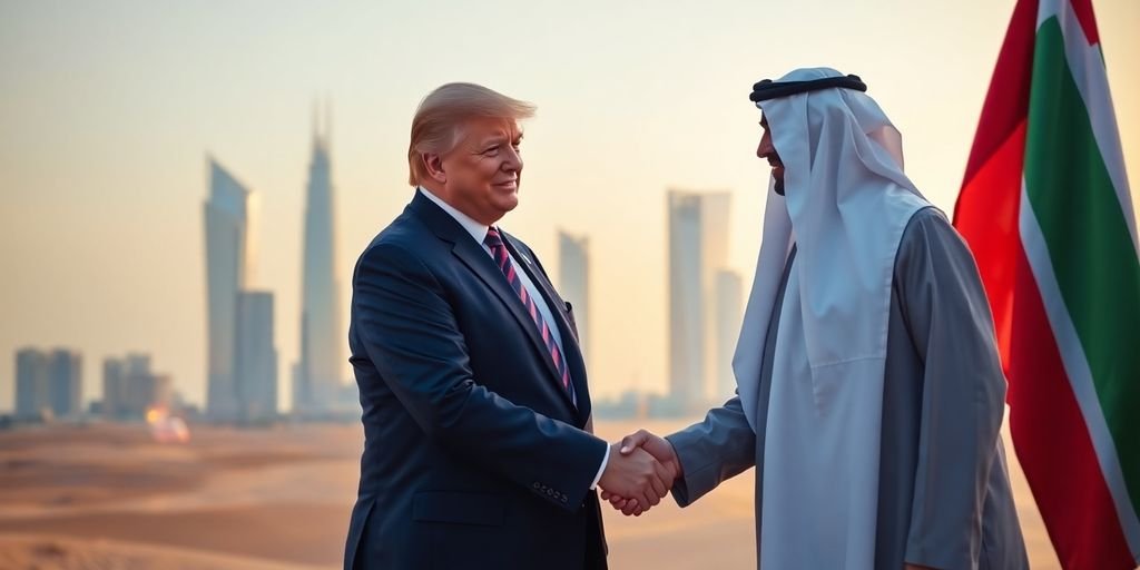 Trump, UAE leader shake hands, desert backdrop.