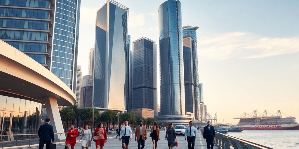 Modern UAE city skyline, bustling port, diverse global business activity.