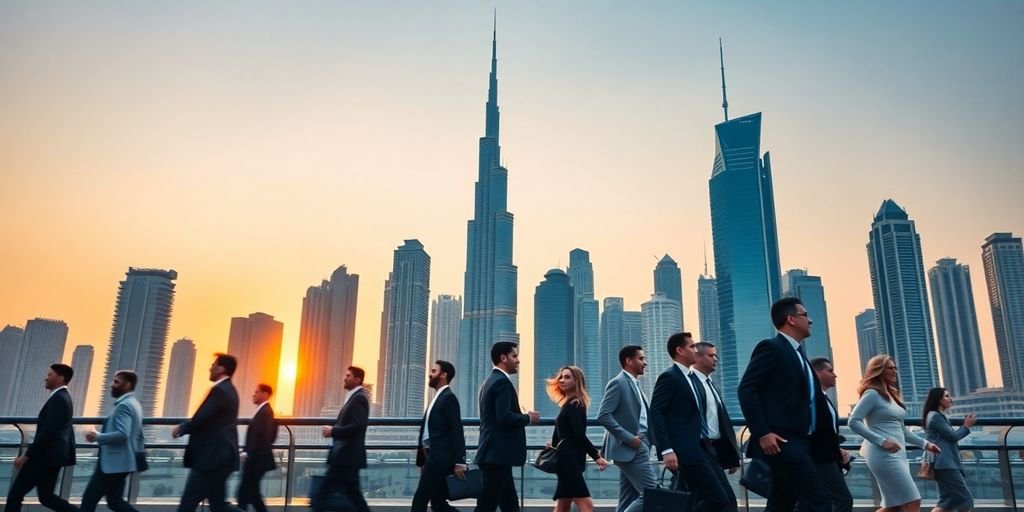 Dubai skyline, business people.