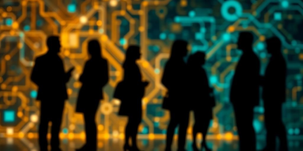 Abstract tech patterns, silhouetted diverse professionals.