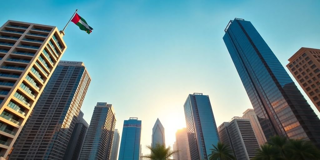 Modern buildings under sunrise, UAE flag.