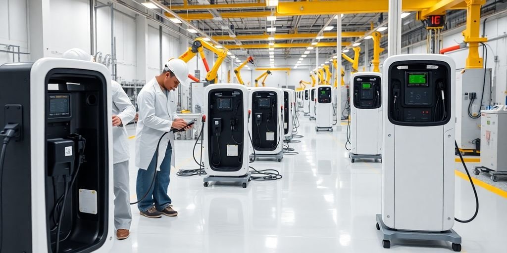 Workers assemble EV chargers in a factory.