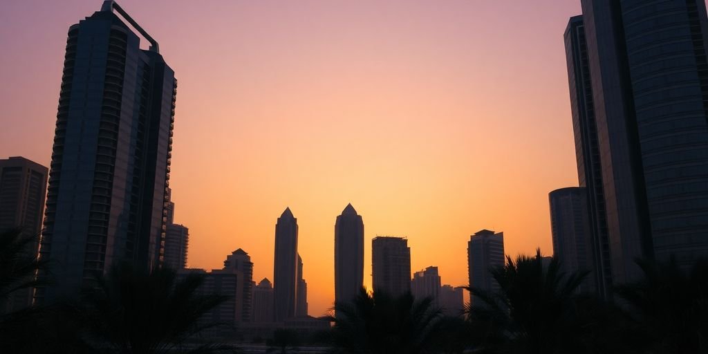 Dubai skyline, business district, setting sun