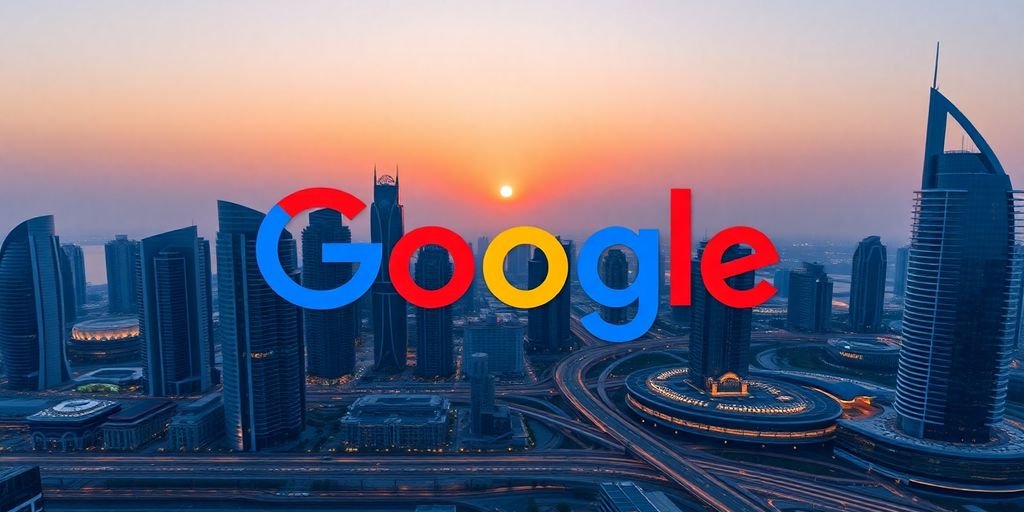 Google logo over Dubai skyline, economic growth.
