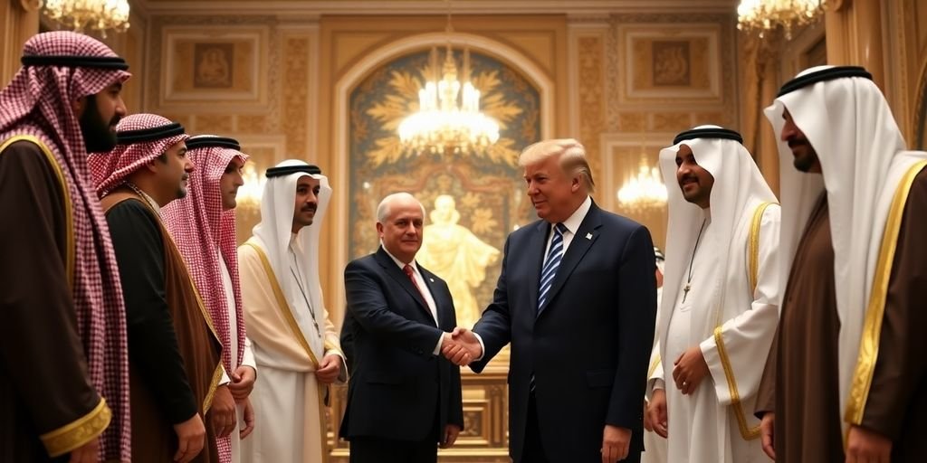 Trump, Middle Eastern leaders shaking hands.