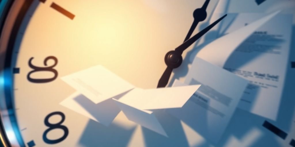 Clock with business documents flying