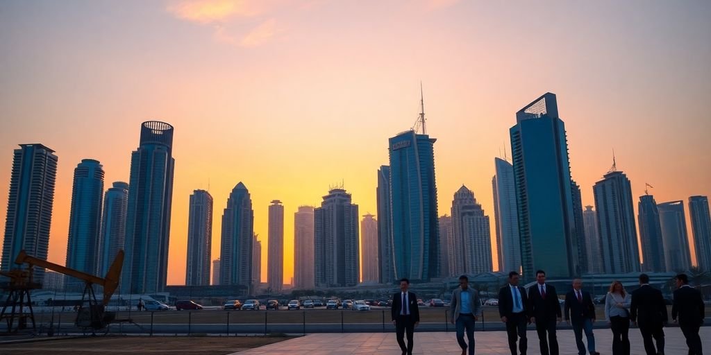 Dubai skyline, oil rigs, business people.
