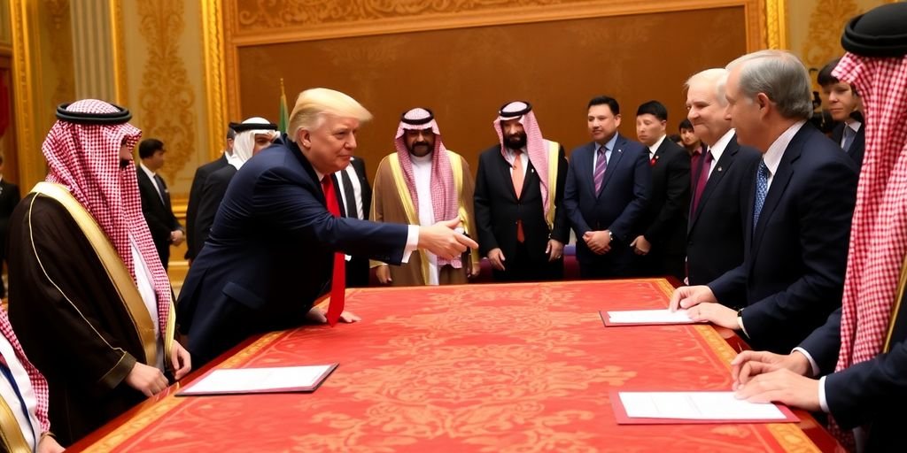Trump, Saudi officials, grand table, signing agreements.