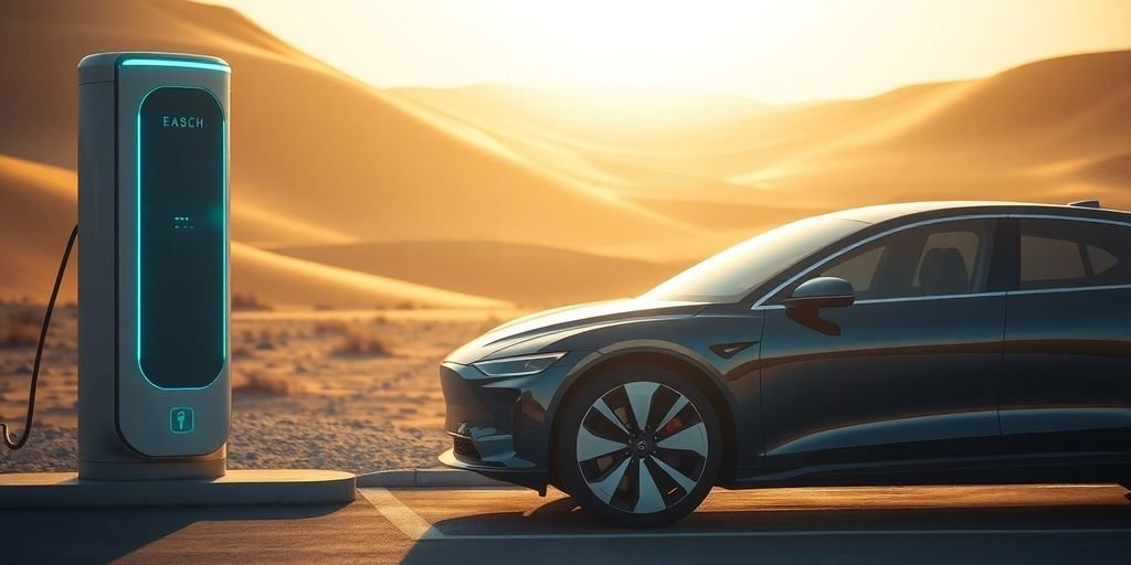 Sleek electric car charging in desert.