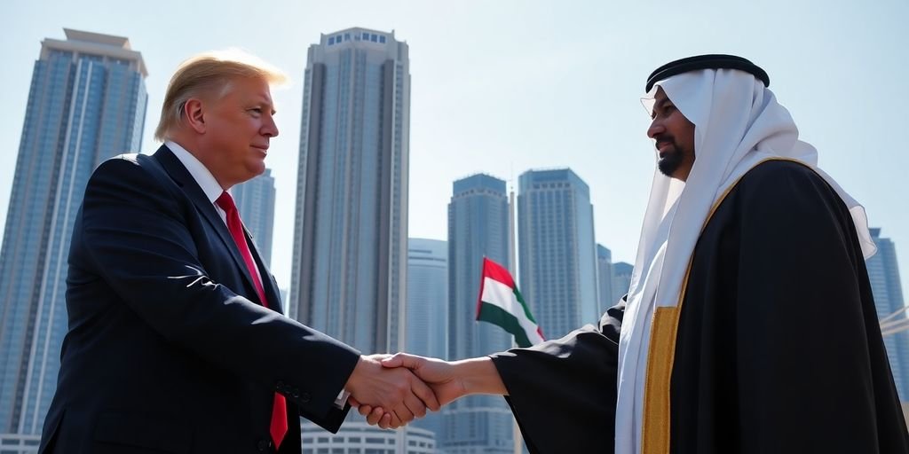 Trump, UAE flag, skyscrapers, handshake.