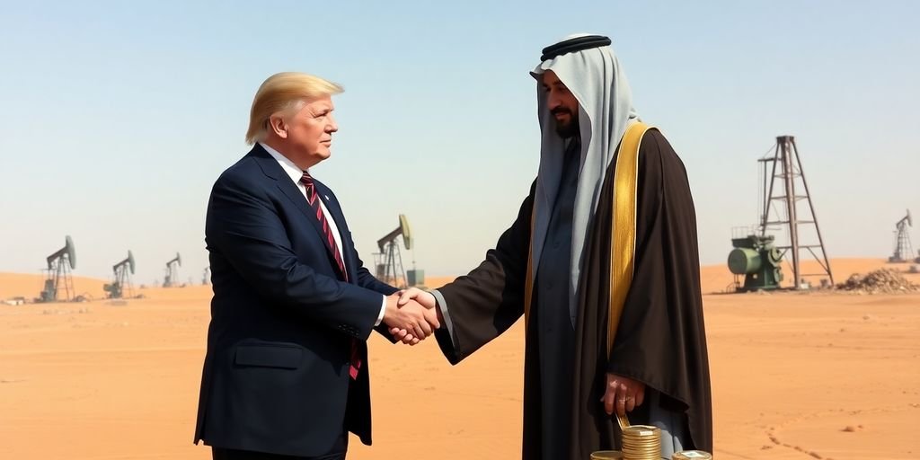 Trump, Middle Eastern leaders, handshake, desert, oil rigs, money.