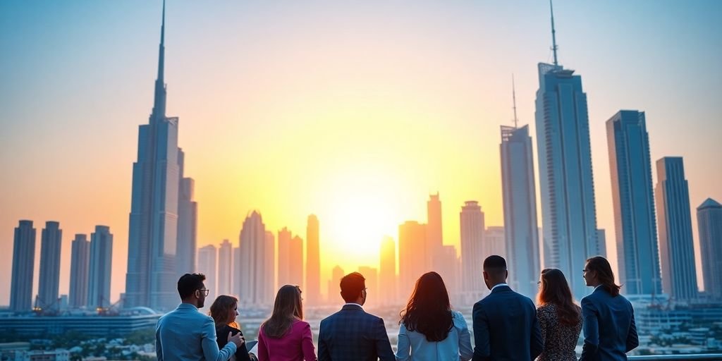 Dubai skyline, business people, oil rigs