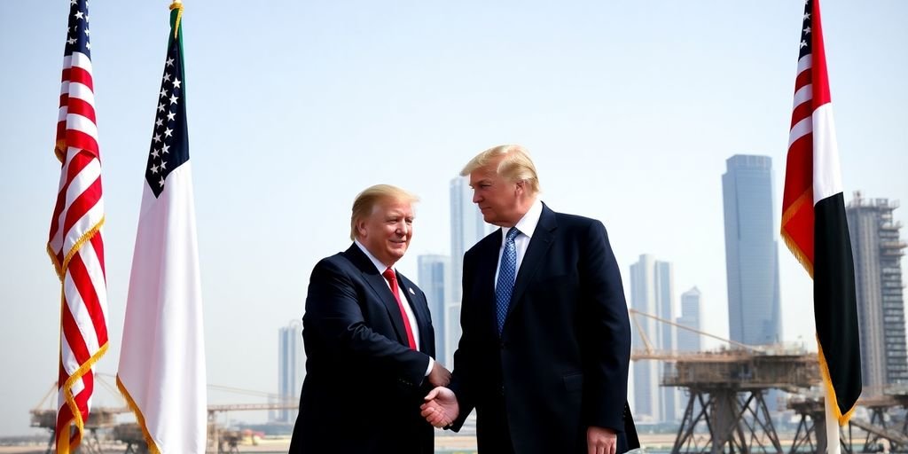 Trump, UAE leader handshake, flags, oil rigs.