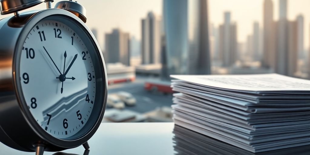 Clock with business license on paper.