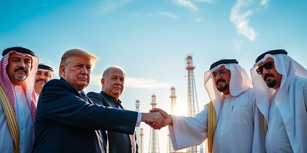Trump, Middle East leaders shaking hands, oil rigs.